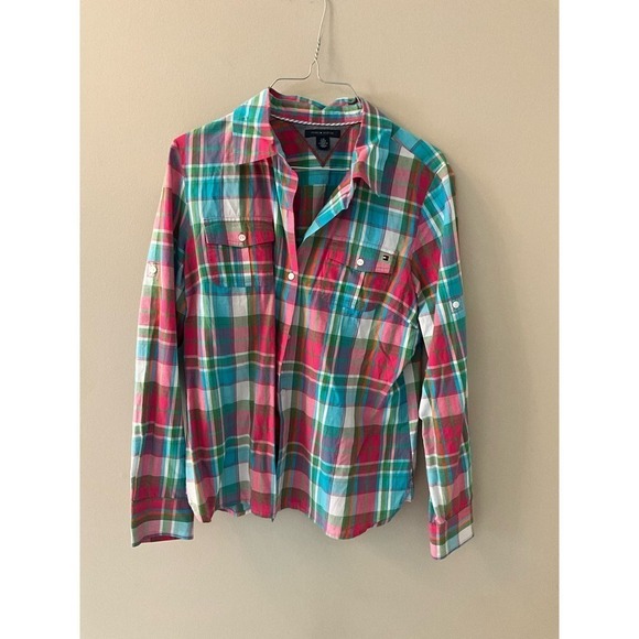 Tommy Hilfiger Button-Up Shirt Womens Size L Multicolor Plaid Long Sleeve Cotton - Picture 1 of 9
